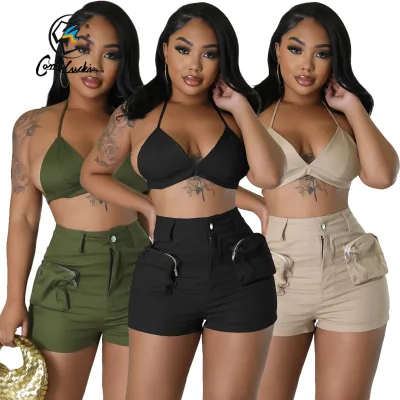 New Arrival Casual Two Piece Cargo Sets With Big Pocket Sexy Spaghetti Strap Solid Shorts Sets for Women