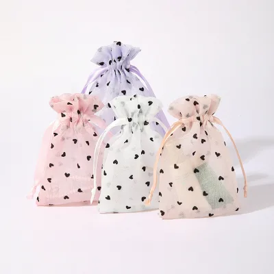 Organza Portable Cosmetic for Toiletry Bag Heart Pattern Small Object Storage Drawstring Cloth Bag Zipper Fashionable Geometric