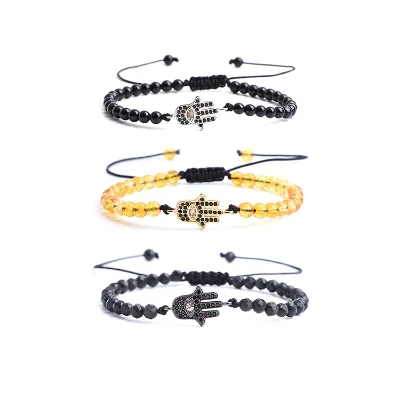 New Design Natural Stone Braided Hamsa Charm Crystal Beads Healing Macrame Friendship Bracelets