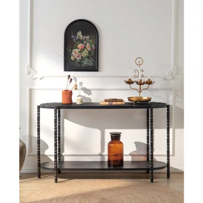 Modern Luxury Black Metal Frame Hallway 2-Tier Console Living Room Furniture Mansion Villa Hall Wood Top Console Tables