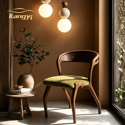 Japandi Wabi Sabi Bentwood Solid Wood Dining Chair, Curved Back Velvet Upholstered Seat, Home Restaurant Leisure Accent Chair