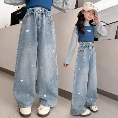 Girls' Embroidery Denim Wide Leg Straight Jeans Spring Autumn 2026 New Style Junior High School Students