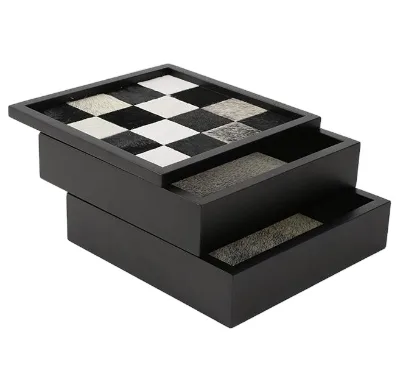 Light Luxury Style Horsehair Jewelry Box Lid Solid Wood Storage Box with Checkerboard Tray for Bedroom Porch Leather Products