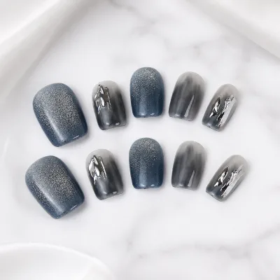 Luxury Blue Grey Handmade False Nails Reusable Press On Nail Tips Custom Packaging Available