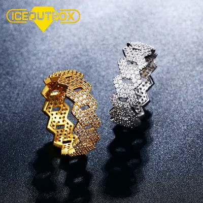 18K Gold Plated Cuban Link Ring Cuban Chain Type Ring Iced Out CZ Cuban Link Band Mens Bling Hip Hop Ring