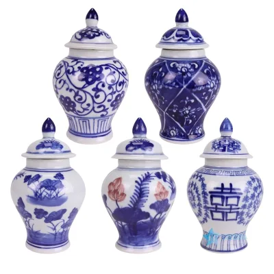RXBU01-A-B-C-D-E Blue and White Twisted Flower, Lotus, Underglazed Red, Happiness Letter Porcelain Small Jars