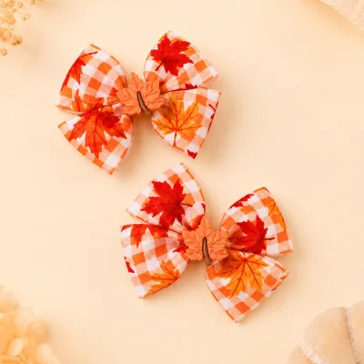 2Pcs Fall Hair Bows Gingham Grosgrain Ribbon Maple Leaf Hair Clips Girls Kids Thanksgiving Hair Accessories Pumpkin Patch