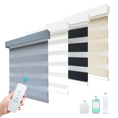 Luxury Automatic Blackout Silent Motor APP WiFi Smart Control Double Layer Day and Night Shade Motorized Zebra Blinds For Hotels