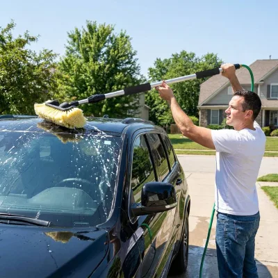 Five-Face Hose-Fed Car Wash Brush Adjustable Aluminum Pole Soft Bristle Touchless Rinse Exterior Deep Clean