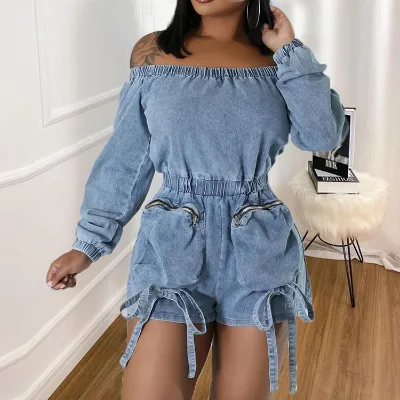 Women's Summer Loose High-Waisted Pocket Denim Washed Sexy Laundry Short Chest Wrapping Elastic Waist Casual Streetwear Jumpsuit