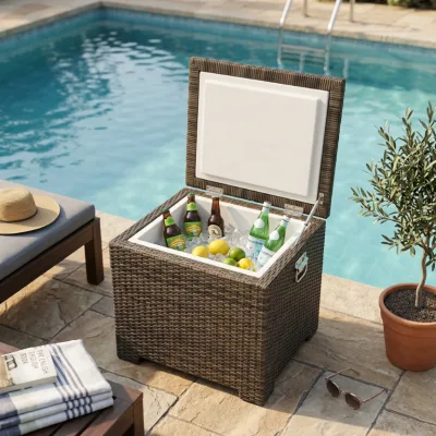 Mixed Brown PE Rattan Outdoor Storage Cooler Box with Insulated Liner & Hydraulic Slow Close Hinges