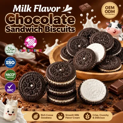 Wholesale OEM ODM Chocolate Sandwich Cookies Center Filled Milk Cream Biscuits Sweet Crunchy Cookie Kids Snack