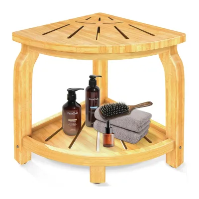2-Tier Bamboo Waterproof Portable Bath Bench Seat Bathroom Corner Storage Shelf Shower Stool