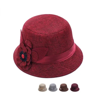 Women Linen Breathable Sun Hat Top Cap Big Flower Decoration Church Hat Monochrome Flat Top Princess Hat