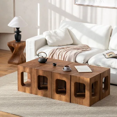 Square Wooden Coffee Table Natural Wood Hotel Homestay Combination Side Table Vintage Distressed Wabi-sabi Style Solid Wood