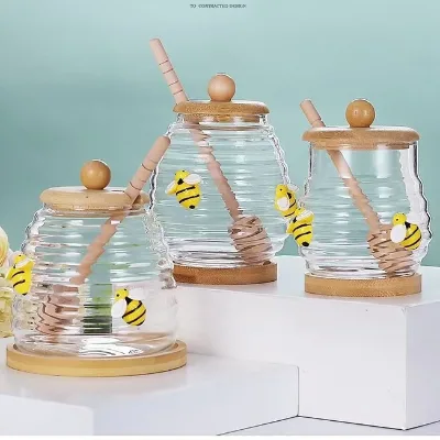 Honey Jar Pot Glass Bottles Holder Dispenser with Wooden Dipper Stick for Home Kitchen, Clear, Modern Syrup Glass Container