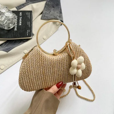 Summer Women's Korean Style 2026 New Arrival Evening Clutch Crossbody Box Bag with Floral Design Chain Strap Woven Straw Handbag