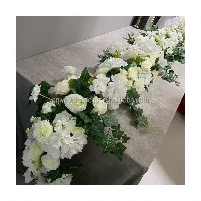 New Design Green Leaf White Flower Table Runner for Wedding Decoration Hanging Flower Runner