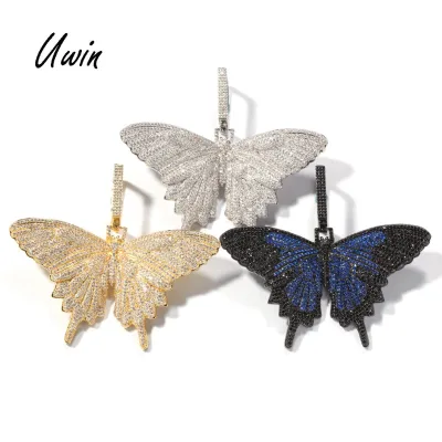 Uwin New Hiphop Iced Out CZ Butterfly Design Pendant Gold Plated Butterfly Pendant Colored Necklace for Men