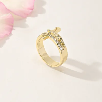 Religious Brass Gold Plated Catholic Cross Rings for Unisex- Jewelry