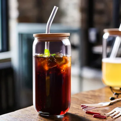 Reusable 12 oz 16 oz Borosilicate Glass Travel Coffee Cup with Lid and Straw Eco-Friendly Durable Cold Beverage Mug