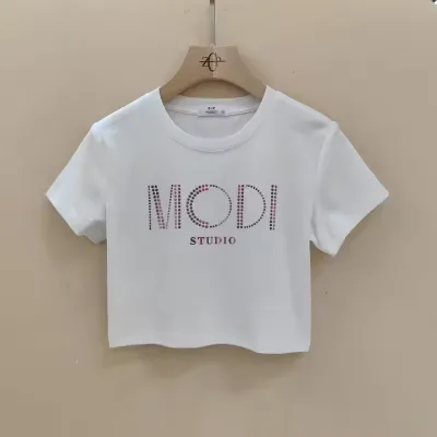 Hot Drilling Tshirt for Women's Custom Logo Printed Casual Crop Tops High Quality 100% Cotton Cropped Women T-shirts