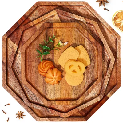Sabary 3 Pcs Acacia Wood Serving Tray Octagon Platter,12", 10", 8"