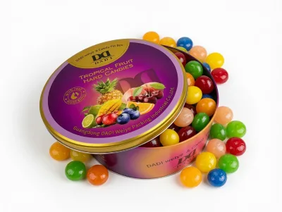 DADI Tropical Fruit Hard Candies Snack-Premium Round Metal Tin Gift Box with Assorted Fruit Flavors Customizable