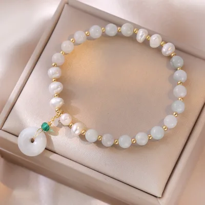 Chinese Vintage Lucky Natural Stone Beaded Bracelet Elastic Adjustable Elegant Bead Jade Stone Pearl Bracelets