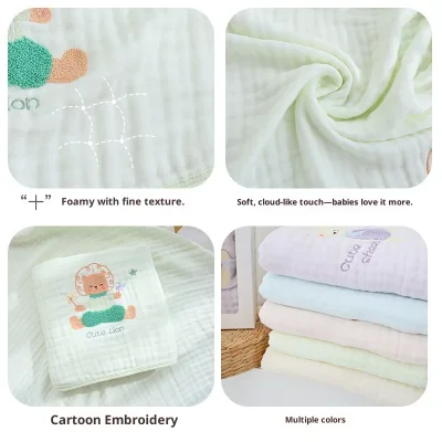 Six-layer Gauze Bath Towel Made Bamboo Cotton Breathable Absorbent Newborn Baby Bath Wrap Terry Embroidery Pattern Sleeping
