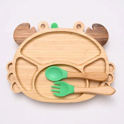 Wholesale Custom Kids Dining Set Divided Silicone Suction Toddler Platter with Cartoon Cutlery Organic Bamboo Baby Plate