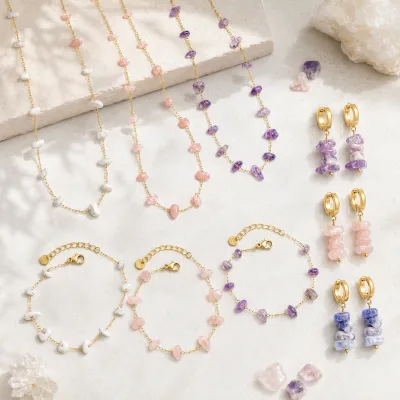 Wholesale Natural Stone Chip Jewelry Set Gold Plated Stainless Steel Necklace Bracelet Hoop Earrings for Women
