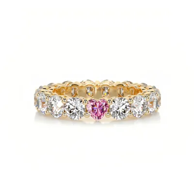 Abiding NEW Innovative Personalization Round & Heart Cut White & Pink Color Moissanite Eternity Bnad in Gold Plated 925 Silver