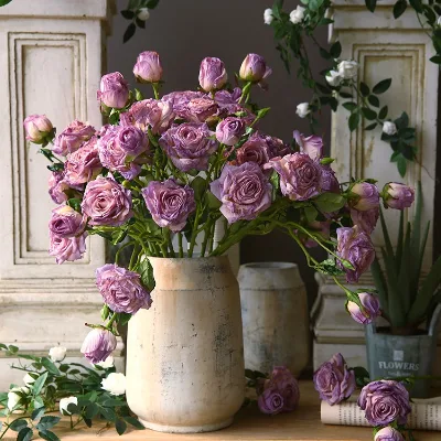 A-598 High Quality Realistic Silk Rose Burnt Edge Flower Roses 3 Heads Purple Rose Stem