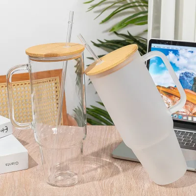 Amazon Hot Sale Bamboo Lid Glass Cup Large Capacity Car Handle Portable Car Cup 40oz Borosilicate Straw Ice Cream Cup