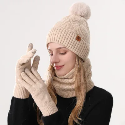 Custom Winter Knitted Hat Scarf Gloves Set Multi-Color Double Layer Fleece Lined Warm Beanie Set OEM/ODM Factory Direct