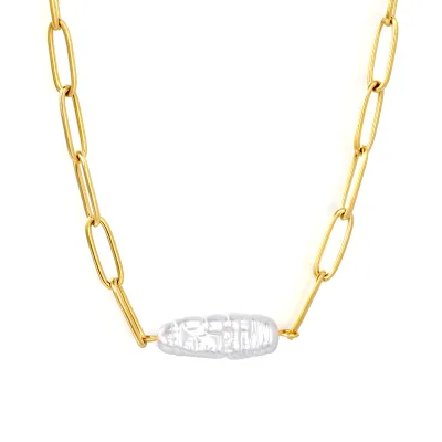 Wholesale 18K Gold PVD Stainless Steel Paperclip Chain Necklace with Baroque Pearl Waterproof Statement Jewelry for Women