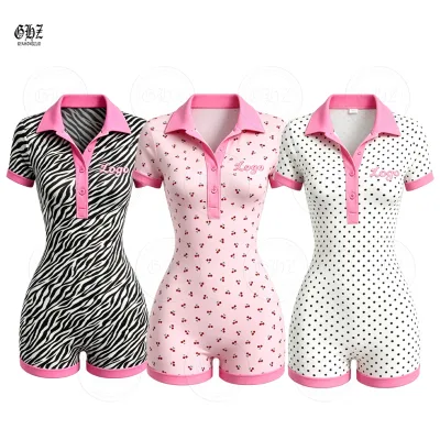 Short Sleeve Polo Collar Romper Zebra Polka Dot Cherry Print Bodycon One Piece Shorts Contrast Pink Trim Casual Playsuit