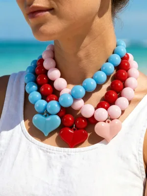 Fashion Women Multicolor Acrylic Resin Round Beads Necklace Chunky Large Heart Pendant Necklace Beach Party Resin Jewelry