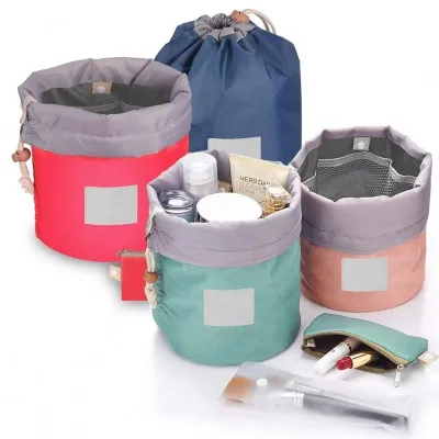 Large Capacity Barrel Shaped Travel Makeup Bags Waterproof Portable Drawstring Cosmetic Bag Soft Bucket Toiletry Bag for Women