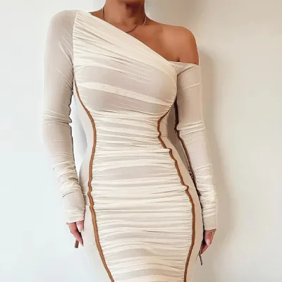 Alibuy online shopping system Women's Long Sleeved Mesh Patchwork Slanted Shoulder Mid Length Dress, Fashionable Pleated Dress for Women Buying Agent Services
