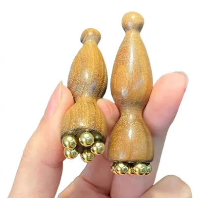 Lotus Seed Facial Massager Brass Golden Sandalwood Acupressure Tool for Eye Meridian Massage Skin Rejuvenation and Anti Aging
