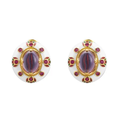S925 Sterling Silver Clip-on Earrings for Women Gold Plated Enamel Little Flowers Inlaid with Amethyst Fine Jewelry Ear Clips