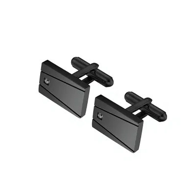 New Men Formal Accessories, Black Electroplated Stainless Steel Cufflinks with Square CNC Linear Engraving & Stone Setting
