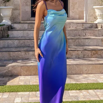 Aschulman Custom Made Midi Backless Royal Solid Color Blue Gradient Prom Satin Halter Neck Woman Dress for Party Sexy