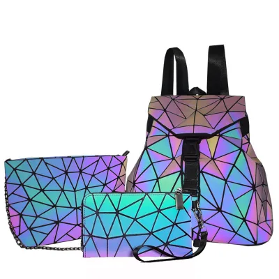 Aimiqi Luminous PU Women's Three-Piece Backpack Set Colorful Geometric Diamond-Patterned Breathable Waterproof Shoulder