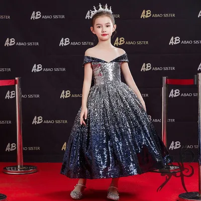 2021 Little Girls Long Silver Sequin Flower Girls Dresses