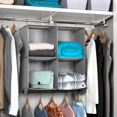 4-Shelf Sturdy Fabric Easy to Mount Foldable Closet Hanging Organizer with Garment Rod