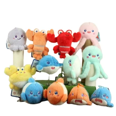 Multiple Sizes Soft Fluffy Plush Marine Animal Keychain Cute Shark Dolphin Octopus Cartoon Animal Stuffed Pendant Kids Toy Gift