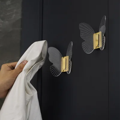 Butterfly No-Punch Bathroom Hook - Brushed Brass Butterfly Coat Hooks - Wall Mounted Decorative Hook